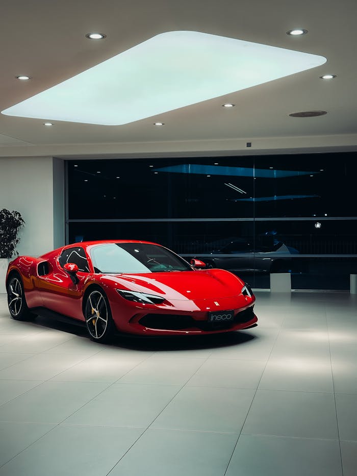 A sleek red sports car showcased indoors with elegant lighting and modern design.